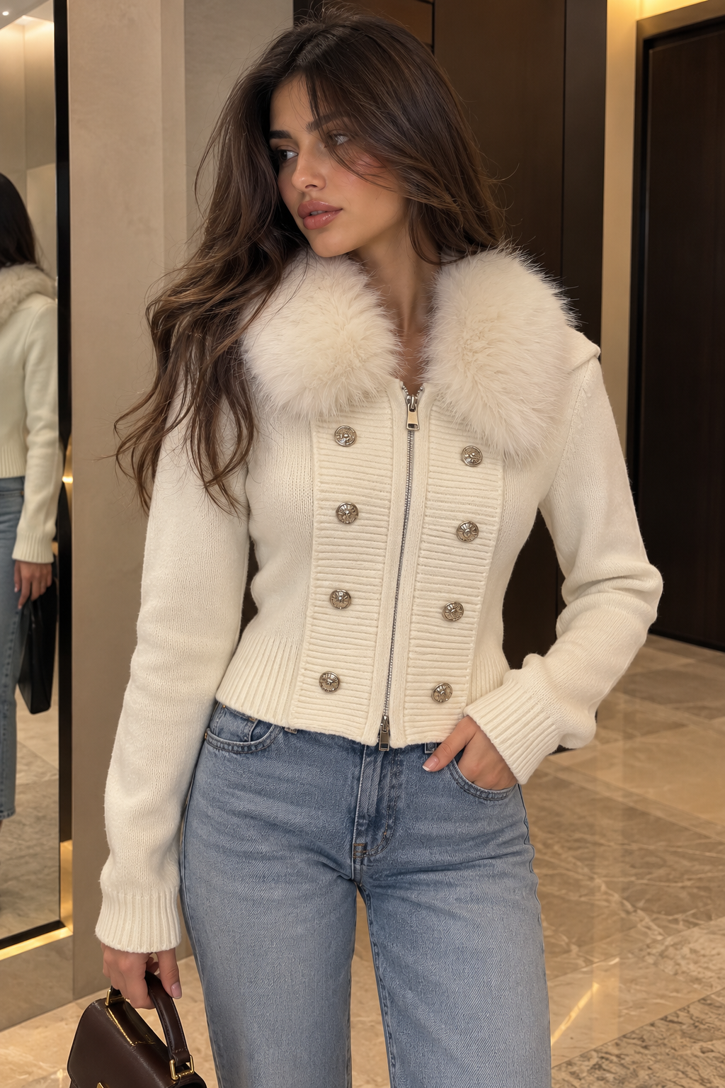 Sable Fur removable Collar cardigan