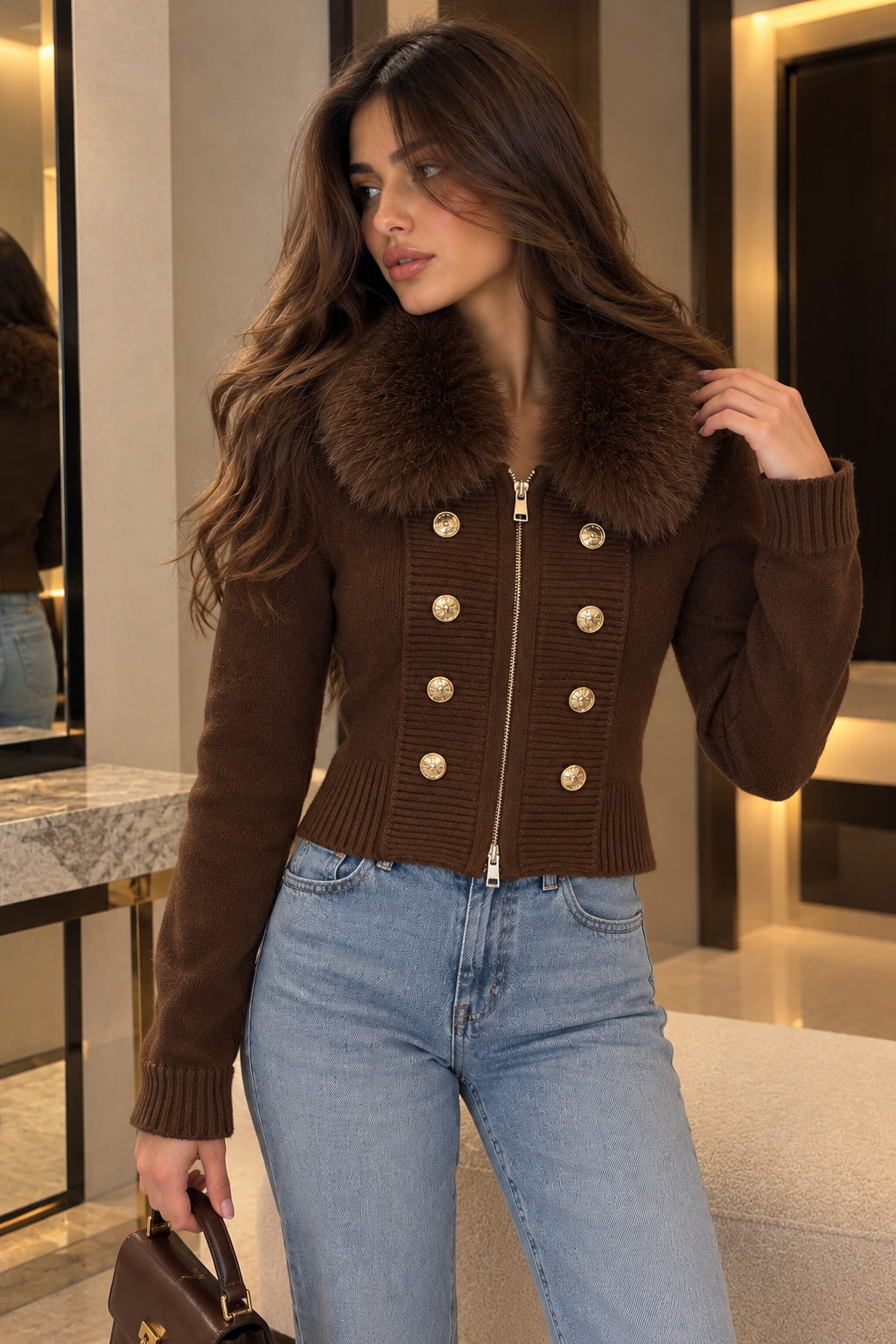 Sable Fur removable  Collar cardigan